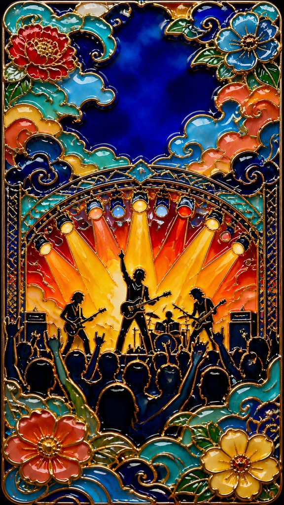 a live music scene with a glowing stage and silhouetted crowd, energetic vertical composition with open space at the top, no text