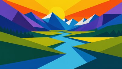 a vast valley with a river winding toward distant mountains at sunrise, no people, no text