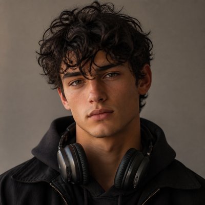 head-and-shoulders portrait of an original character: a young man with curly dark hair and headphones around his neck, plain backdrop, no text
