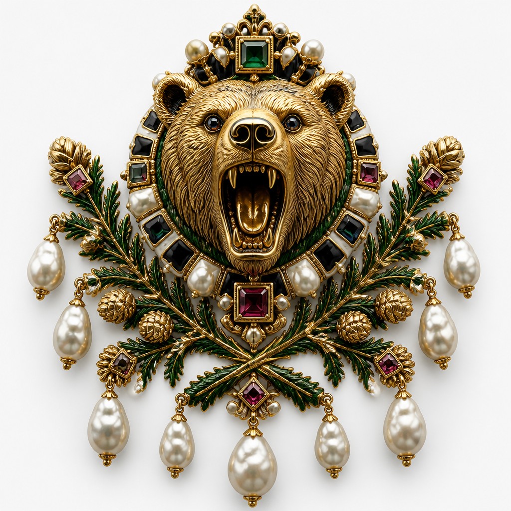 a roaring bear head above crossed pine branches, bold graphic composition on a plain background, no text