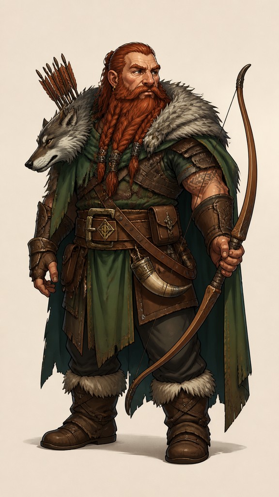 full-body original character: a dwarven ranger with a braided auburn beard, worn leather armor, a longbow and a wolf-pelt cloak, neutral background, no text