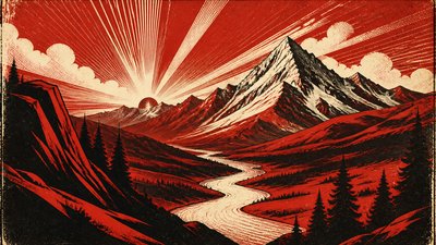 a vast valley with a river winding toward distant mountains at sunrise, no people, no text