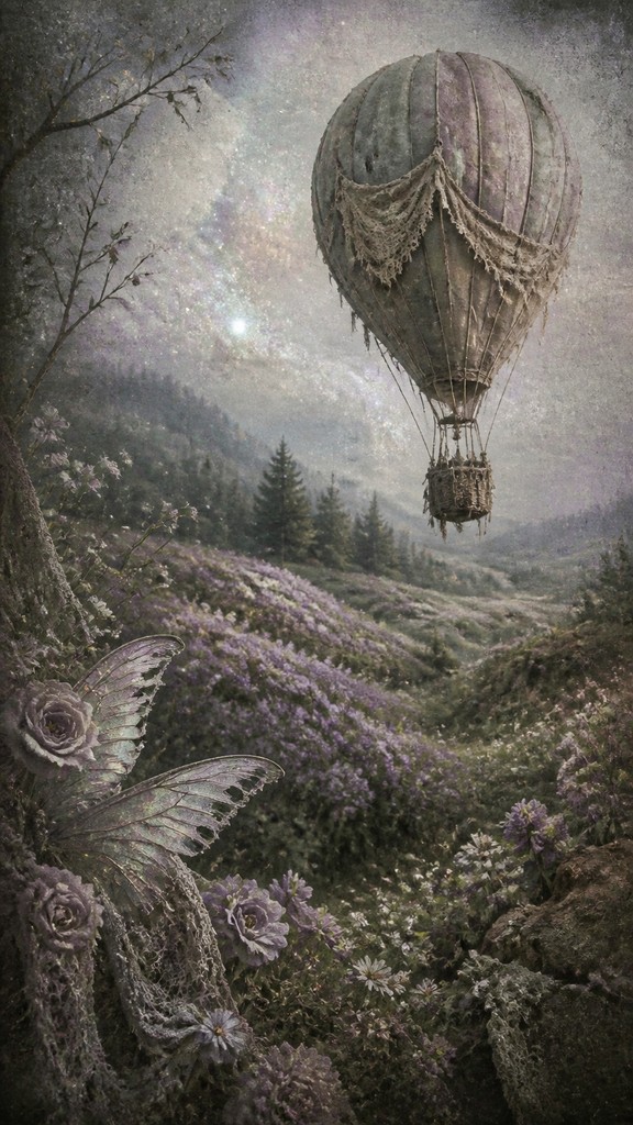 a hot air balloon drifting over rolling flower fields on a sunny day, cheerful, no text