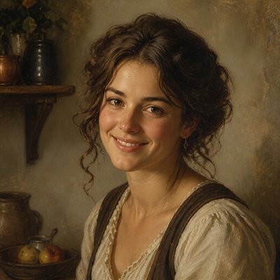 head-and-shoulders portrait of an original character: a young woman with wavy chestnut hair and a warm smile, plain soft backdrop