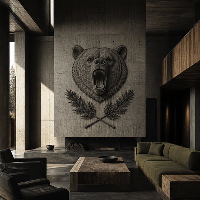 a roaring bear head above crossed pine branches, bold graphic composition on a plain background, no text