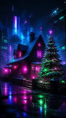 a snow-covered cottage with warm glowing windows beside a decorated pine tree, gentle snowfall, no text