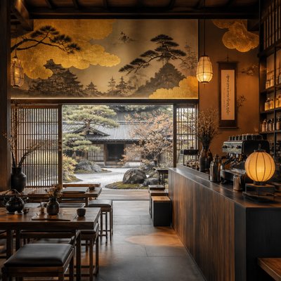 cozy cafe interior with warm lighting