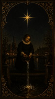 a robed figure pouring water beneath a large eight-pointed star in a night sky, symmetrical composition with an ornate decorative border, no text