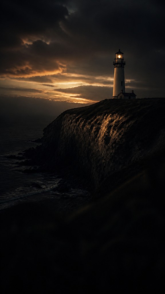 a lone lighthouse on a cliff at dusk under a dramatic sky, no text or lettering