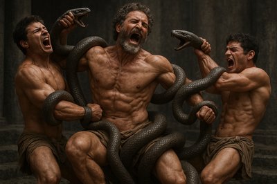 a group of three men holding snakes in their hands