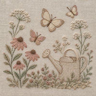 a garden scene with butterflies, flowers and a watering can, clean uncolored line art, no text