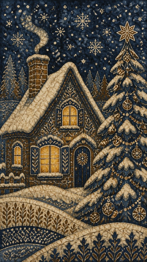 a snow-covered cottage with warm glowing windows beside a decorated pine tree, gentle snowfall, no text