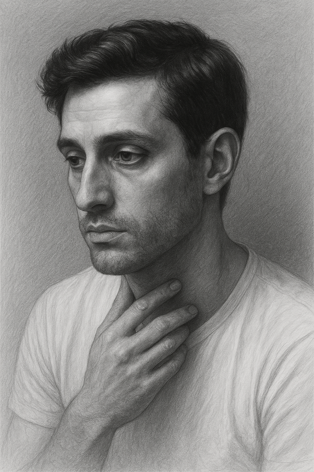 a drawing of a man with his hands on his chest
