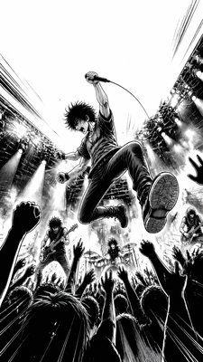 a live music scene with a glowing stage and silhouetted crowd, energetic vertical composition with open space at the top, no text