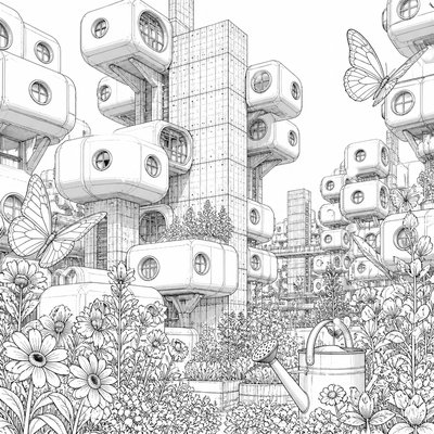 a garden scene with butterflies, flowers and a watering can, clean uncolored line art, no text