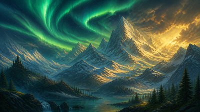 a flowing aurora over snowy peaks, wide sweeping composition, no people, no text