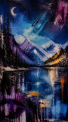 a tranquil mountain lake beneath a starry night sky, no people, no text