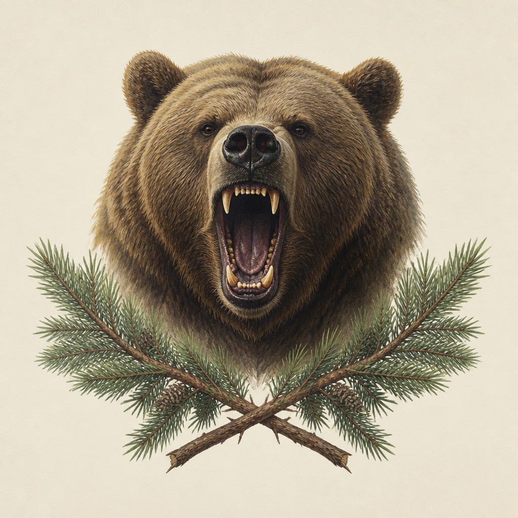 a roaring bear head above crossed pine branches, bold graphic composition on a plain background, no text