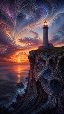 a lone lighthouse on a cliff at dusk under a dramatic sky, no text or lettering