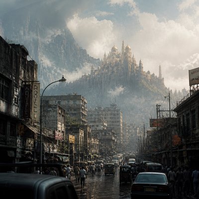 urban street with city activity — Matte Painting Style