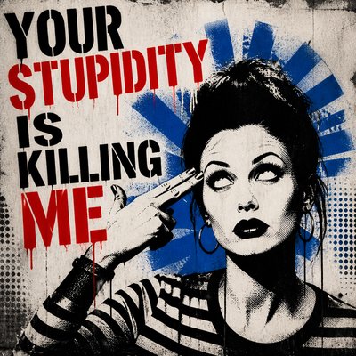 Text: YOUR STUPIDITY IS KILLING ME

Image: Adult woman making the jester of shooting herself in the head while rolling her eyes. 