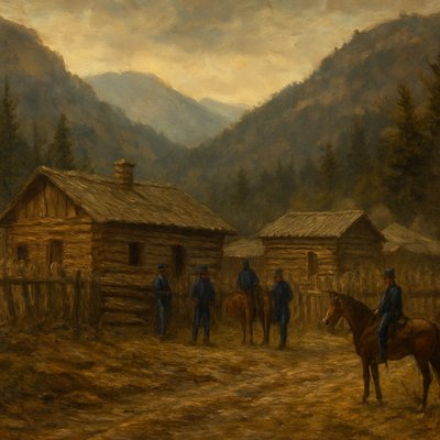 Create an image of the short-lived U.S. Army post known as Fort Lowell, New Mexico, circa 1868. The buildings are made of rough-hewn, rustic logs and timber, surrounded by a high mountain valley and coniferous trees, reflecting the high altitude of the New Mexico territory. Show a small number of New Mexico volunteers in period uniforms and their horses within a simple log palisade or fence line. The scene should be overcast and rugged, capturing the isolation of a frontier outpost