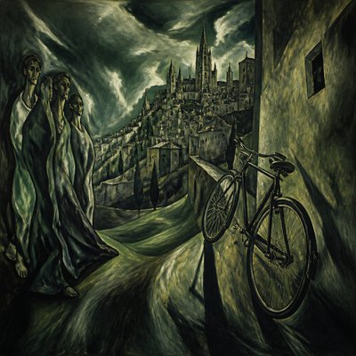 bicyle resting against a wall