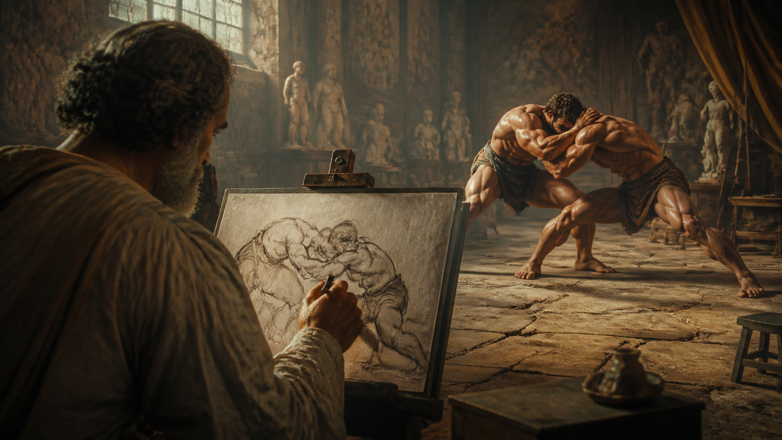 Michelangelo drawing two athletes posing as wrestlers