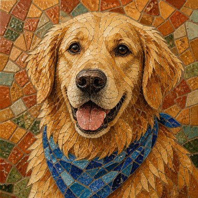 portrait of a golden retriever wearing a blue bandana, warm plain backdrop, no text