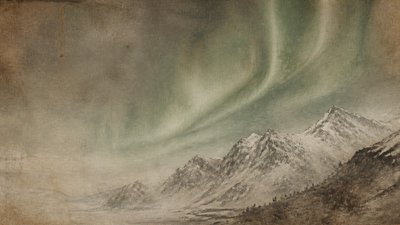 a flowing aurora over snowy peaks, wide sweeping composition, no people, no text