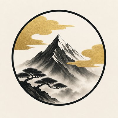 an emblem of a mountain peak inside a circle, simple bold shapes on a plain background, no text or lettering