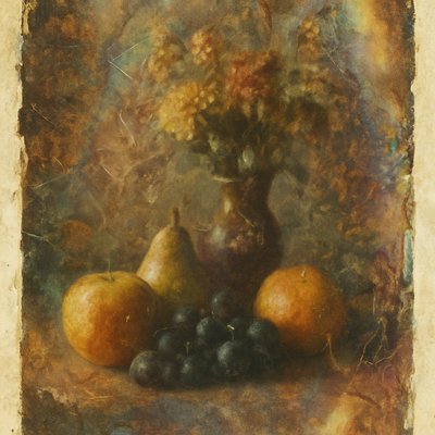 still life arrangement of fruits and flowers