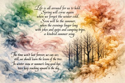 Life is all around for us to hold.
Spring will come again
when we forget the winter cold.
Soon will be the summer,
when the evenings linger long
with jokes and quips and camping trips,
a kindred summer song.

	The time won’t last forever, we can see;
	still, we should learn the lesson of the tree.
	In winter snow or summer’s long good-bye,
	trees keep reaching upward to the sky.