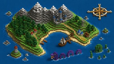 a map of an island realm with mountains, forests, a sheltered bay, sea monsters in the water and a compass rose, no text labels