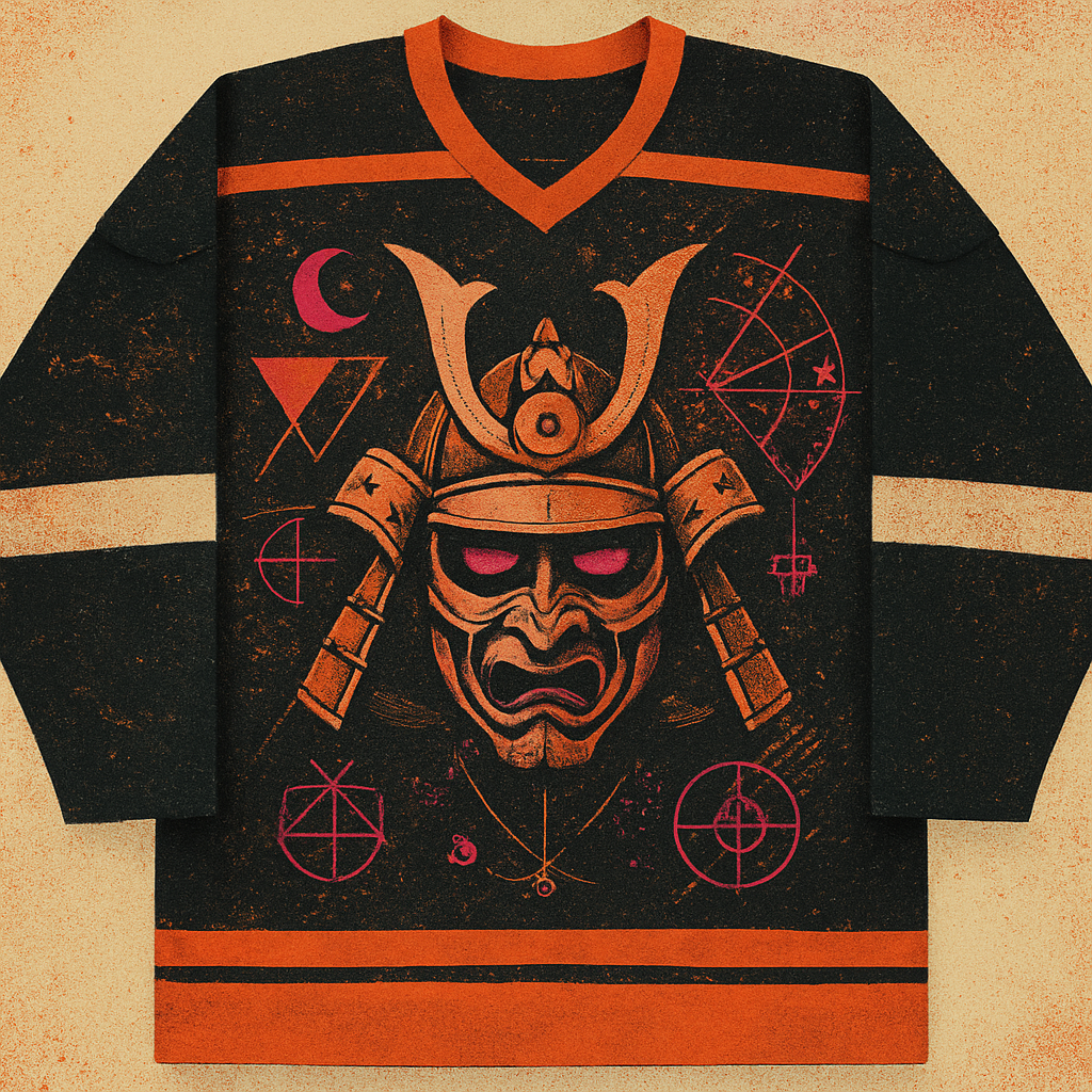 DESIGN ME A HOCKEY JERSEY WITH A SAMURAI BATTLE MASK HELMET