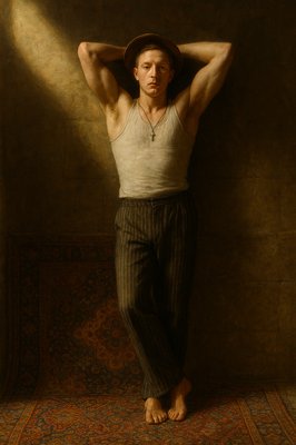 a painting of a man with his hands on his head