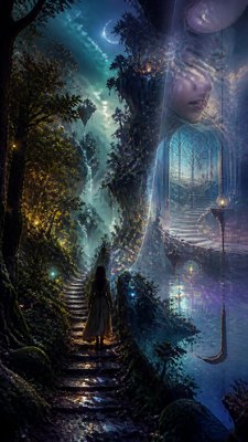 a mysterious forest path with fireflies and drifting mist, atmospheric vertical composition with open space at the top, no text