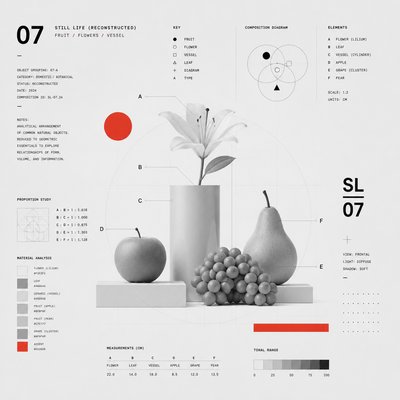 still life arrangement of fruits and flowers