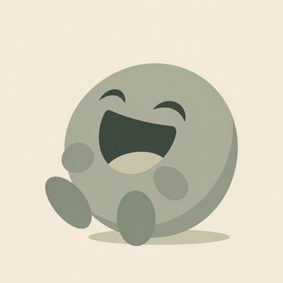 an exaggerated laughing face of an original round mascot character, bold and readable at small size, plain background, no text