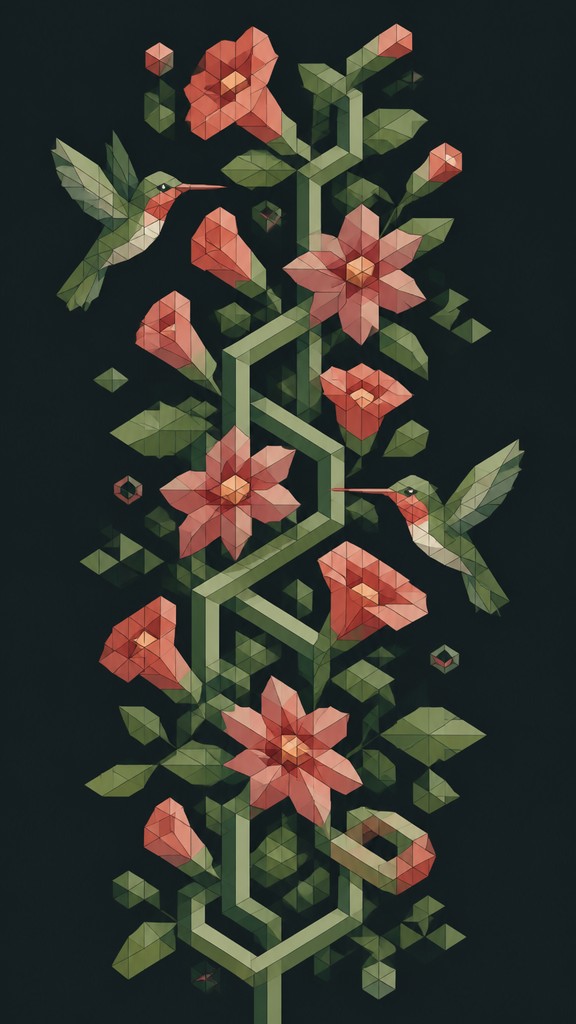 a climbing vine of flowers and hummingbirds on a dark background, tall wrapping composition, no text