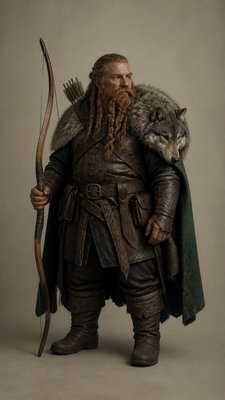 full-body original character: a dwarven ranger with a braided auburn beard, worn leather armor, a longbow and a wolf-pelt cloak, neutral background, no text