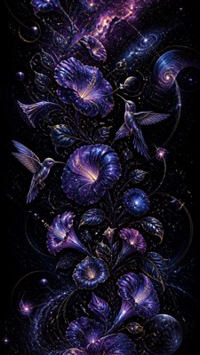 a climbing vine of flowers and hummingbirds on a dark background, tall wrapping composition, no text