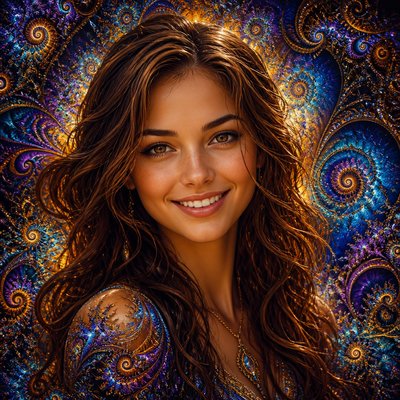 head-and-shoulders portrait of an original character: a young woman with wavy chestnut hair and a warm smile, plain soft backdrop