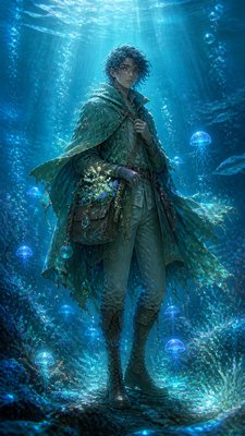 full-body original character: a wandering botanist with a satchel of plants, a patched green cloak, tall boots and round glasses, neutral background