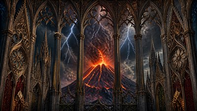 an erupting volcano with lightning strikes, dramatic wide composition, no text