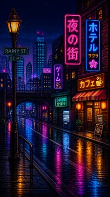 a quiet rainy city street at night reflecting neon signs, no people