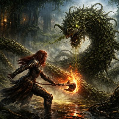 Epic Fantasy Illustration Style, Gritty Cinematic Concept Art, a dynamic, wide-angle action shot of a fierce battle amidst overgrown ancient ruins at twilight. A lady warrior with long red hair clad in practical leather and partial plate armor is in a dynamic combat stance, dodging a massive vine strike. They wield a glowing, enchanted battleaxe that burns with orange fire, striking at the creature. The opponent is a colossal, serpentine Botanical Dragon construct made entirely of writhing, thick poison ivy vines, hairy root systems, and dense clusters of glossy, three-pointed leaves. The "dragon" rears up, its maw a tangled mass of thorns and dripping toxic sap, exhaling clouds of yellowish-green poisonous spores. Its eyes glow with a malevolent verdant light. The ground is treacherous swamp and broken stone. The lighting is dramatic and moody, highlighting the oily sheen of the poisonous leaves and the fire of the warrior's weapon. High detail on the plant textures.