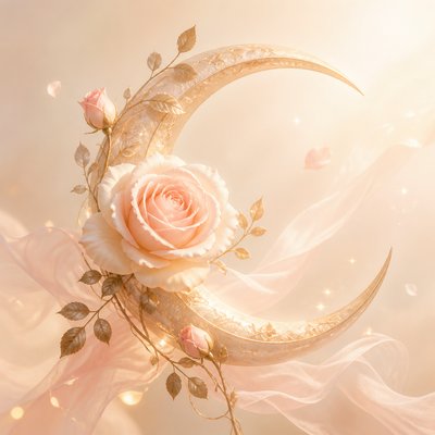 a rose entwined with a crescent moon, clean balanced composition on a plain background, no text