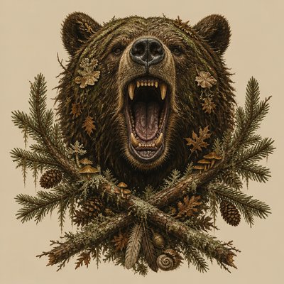 a roaring bear head above crossed pine branches, bold graphic composition on a plain background, no text