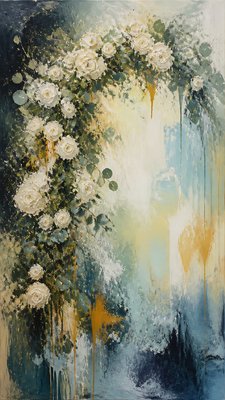 an arch of white roses and eucalyptus in soft morning light, elegant vertical composition with open space, no text